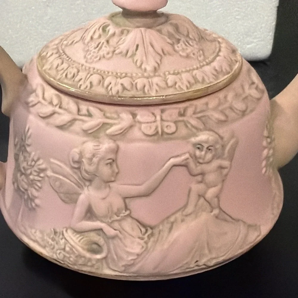 Antique Schafer‎ & Vater Pink German Jasperware Teapot Cherubs Fairies Porcelain